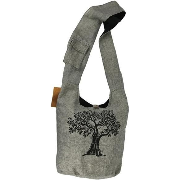 Large Sling Crossbody Shoulder Bag Purse Hippie Hobo Gypsy Bohemian, Grey Tree - Picture 3 of 7